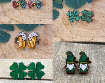 St. Patrick’s day wood studs, leprechaun gnome, beer mug, shamrock