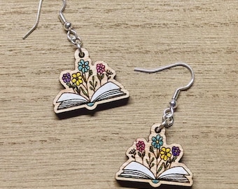 2” Wooden Wildflower Book dangles, gift for book lovers, nature and flower girlies