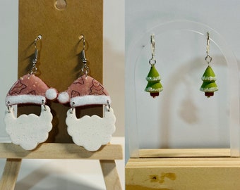 Pink Santa Dangle Earrings, Christmas Tree Holiday Present