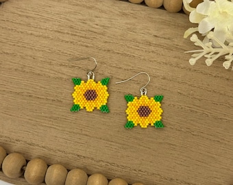 Hand Beaded Sunflower Earrings, Stainless Steel, Nature Lover