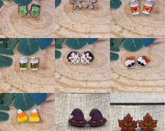 Hand Painted Halloween Stud Earrings, Frankenstein, Vampire, Witch Hat, 12mm