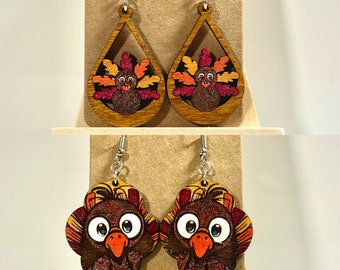 Thanksgiving, funny fall holiday earrings, glitter turkeys, wooden painted dangles
