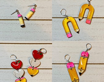 Hand Painted Wood Teacher Earrings, Pencil Apple Design