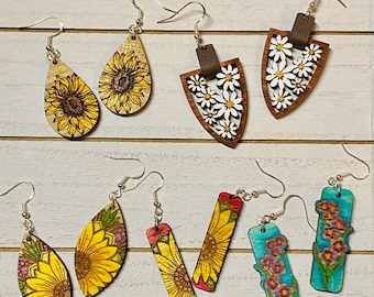 Sunflower Daisy Wooden Dangle Earrings, Floral Earrings