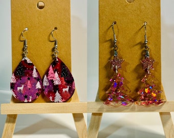 Pink Christmas trees earrings, metallic, rose gold glitter trees, gift for her, stocking stuffer