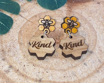 Wooden Bee Earrings, Honeycomb Jewelry, Bee Kind