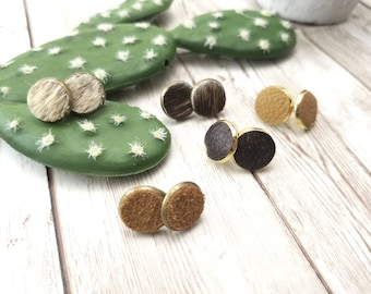 Genuine Leather earrings, leather stud earrings, cowhide earrings, suede earrings, cow jewelry, circle stud earrings, western jewelry