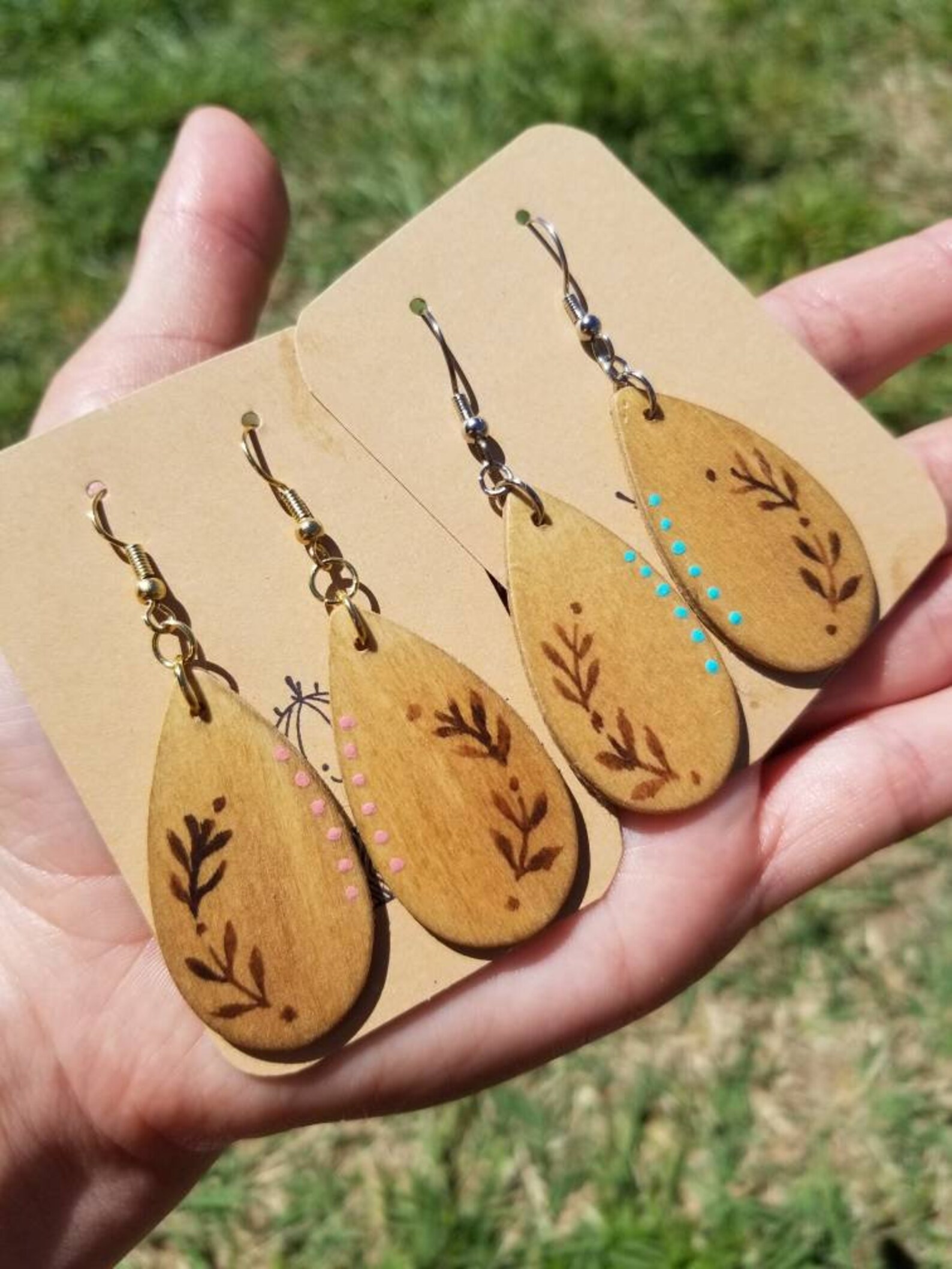 Wooden earrings wood burned earrings pyrography painted Etsy