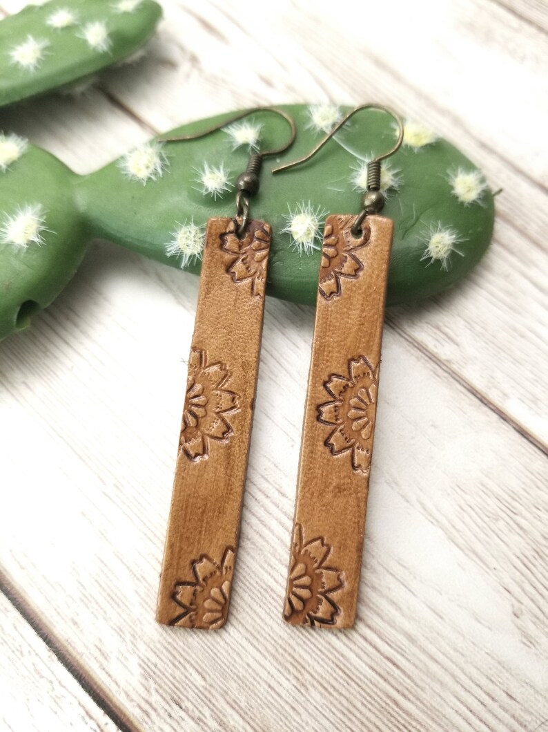 Genuine Leather Earrings Hand Stamped Leather Earrings Bar Etsy