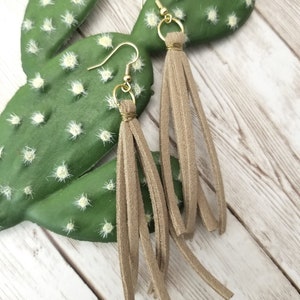 May include: A pair of brown suede tassel earrings with gold-toned hoops and wire wraps.