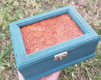 Holz Schmuckkästchen, Leder Schmuckschatulle, Western Schmuckschatulle, rustikale Schmuckschatulle, türkise Schmuckschatulle, Leder box, Cowboy Schmuckschatulle