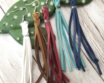 Genuine Leather 4" Tassel Earrings, Boho leather, Leather fringe earrings, Deerskin Lace, Leather tassel earrings, Long tassel earrings