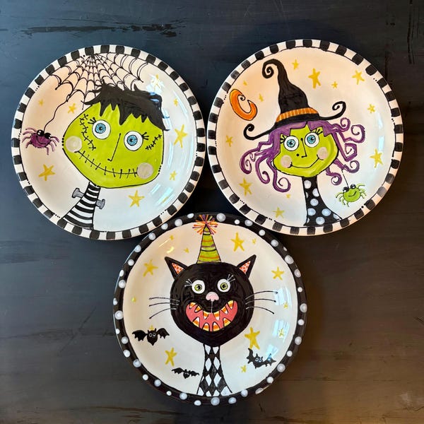 Hand-Painted Halloween Plate | Spooky Frankenstein, Witch, or Cat Ceramic Art