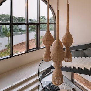 High Quality-Rattan Pendant Light for entry way stairs area lamp Farmhouse Chandelier Lattice ratanLamp, Cane Light shade natural material