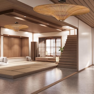 Pode incluir: Uma sala de estar moderna com piso de madeira e uma plataforma de tatami. A sala apresenta um teto de madeira com duas luzes pendentes de bambu tecido, uma escada de madeira e uma grande janela com moldura de madeira.