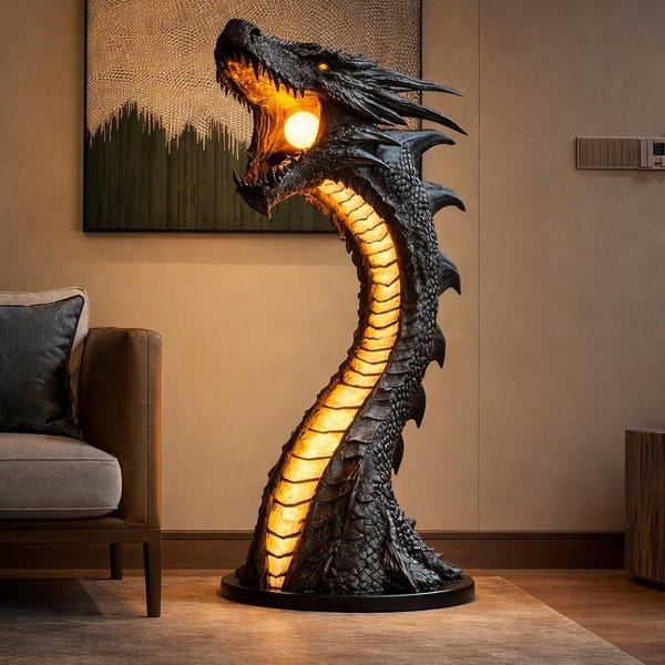 Fire-Breathing Dragon Light Sculpture Gothic Home Decor, Fantasy Lamp, Medieval Light,