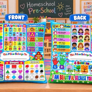 May include: Two square educational pillows featuring vibrant, multi-colored graphics. The front displays days of the week, alphabet, numbers 1-10, months, shapes, and colors. The back shows time facts, emotions, numbers 1-100, seasons, and left/right hands.
