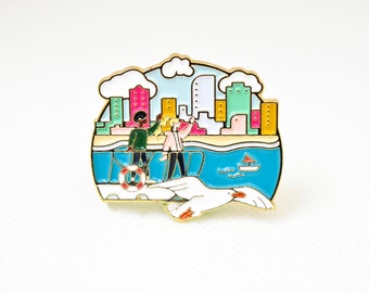Sail Away Cruise Ship Enamel Pin - Skyline Silhouette Souvenir
