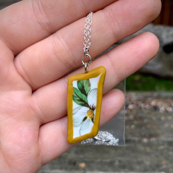 Reclaimed Tea cup Necklace & Pendant | Vintage Reclaimed Yellow Daisy Flower Broken China ware | Handcrafted | Valentines | Ceramic Necklace