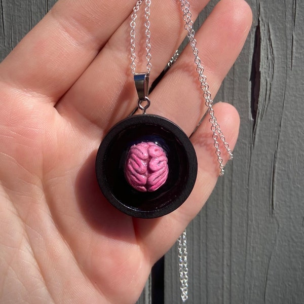 Brain Necklace | Realistic Human Anatomy Pendant & 24 inch Silver Chain | Glossy Anatomical Shadow Box Pendant | Spooky | Biology | Mom Gift