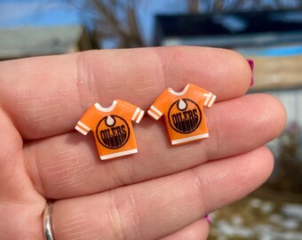 Oilers Inspired Jersey Earrings | Edmonton Oilers Shirt Studs | Oil Drop Orange Stud | Fun Nhl Sports Jewelry | Play Offs Stanley Cup | Logo