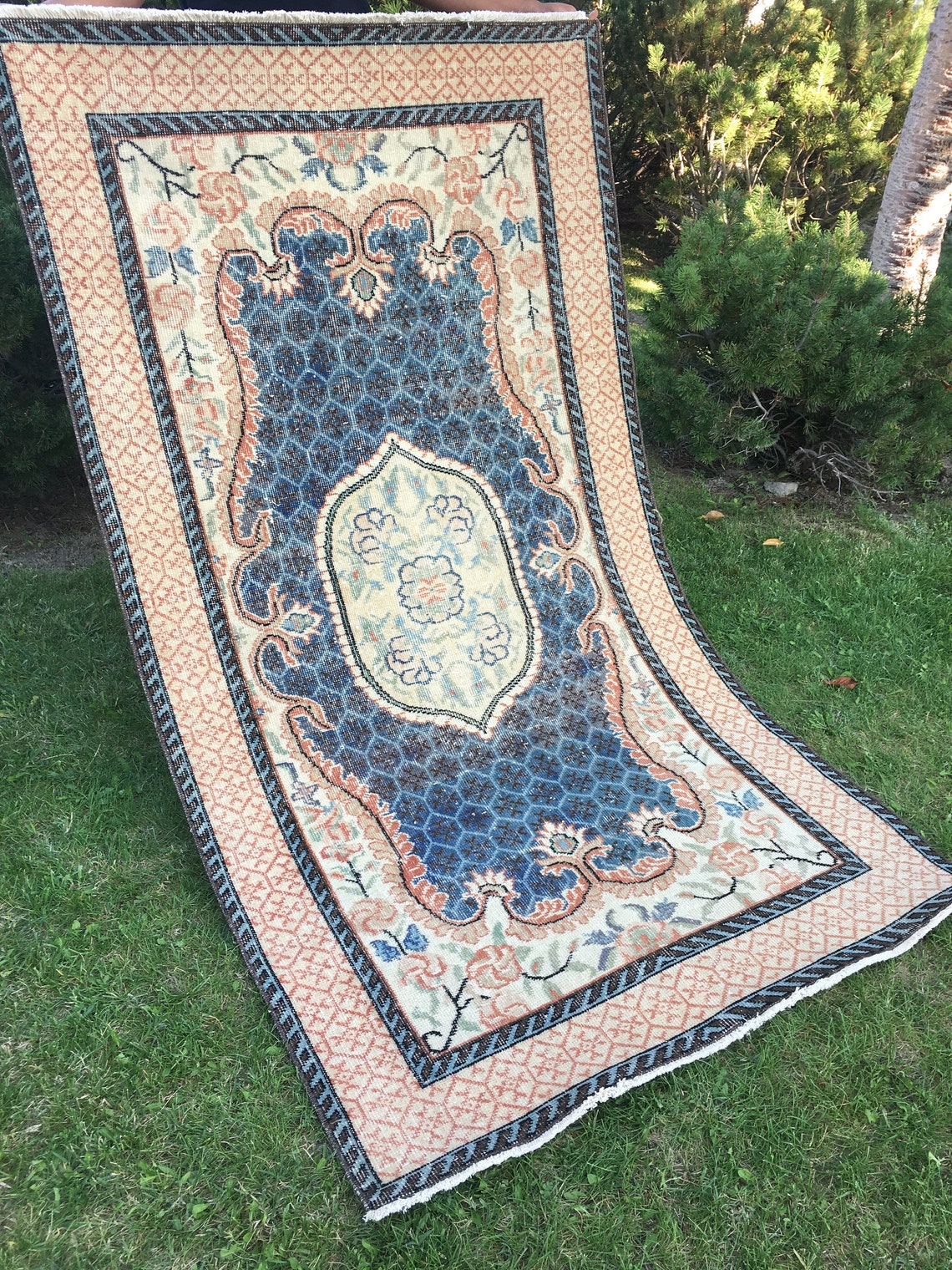 Living Room Rug Bedroom Rug Blue Floral Area Rug Vintage Etsy