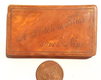 Celluloid needle case marble effect in light brown with Milwards needles