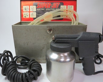 Rare! Vintage 50s Electric Sprayer Spraying Kit ~ SuperJet paint sprayer in metal box w power cords unused ~ props, display or use