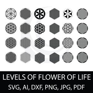 Peut inclure: Une collection de motifs géométriques noirs et blancs, comprenant des cercles et des hexagones, avec le motif de la Fleur de Vie. L'image comprend le texte "LEVELS OF FLOWER OF LIFE" et les options de format de fichier : SVG, AI, DXF, PNG, JPG et PDF.