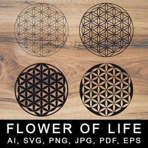 以下が含まれることがあります： 木製の背景に、生命の花のシンボルの白黒の幾何学模様が4つ描かれています。デザインの下には「FLOWER OF LIFE」というテキストがあります。「FLOWER OF LIFE」というテキストの下には「AI、SVG、PNG、JPG、PDF、EPS」というテキストがあります。