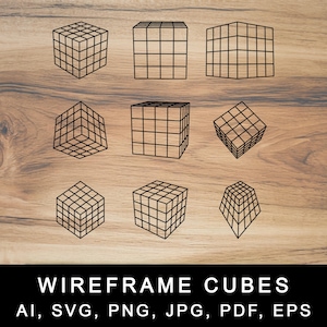 Op de afbeelding: Set van negen draadframe kubus illustraties in zwart op een houten achtergrond. De kubussen worden getoond in verschillende perspectieven, waaronder vooraanzicht, zijaanzicht en bovenaanzicht.