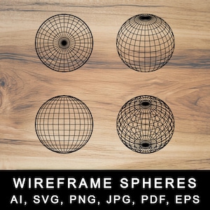 Könnte beinhalten: Vier schwarze Drahtgitterkugeln auf einem Holzgrund. Die Kugeln bestehen aus einem Gitter aus Linien, die einen 3D-Effekt erzeugen. Die Kugeln sind alle gleich groß und in einem quadratischen Muster angeordnet.