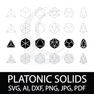 May include: An illustration of various Platonic solids in black and white. The image includes a tetrahedron, cube, octahedron, dodecahedron, and icosahedron. The text "PLATONIC SOLIDS" and file type formats are at the bottom.