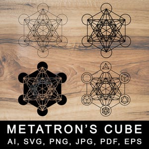 以下が含まれることがあります： メタトロンの立方体の神聖幾何学模様が4つ、黒と白で描かれています。木製の背景に描かれています。