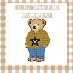 May include: Needlepoint stitch chart digital download featuring a pixelated teddy bear wearing a tan hoodie with a black star and blue jeans. The background is white with a tan and white checkered border.