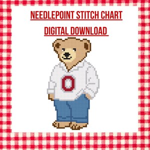 Può includere: Un diagramma digitale a punto croce con un orso pixelato che indossa una felpa con cappuccio bianca con una O rossa e bianca, pantaloni blu e scarpe marroni. L'immagine è ambientata su uno sfondo a scacchi rosso e bianco.