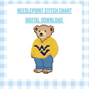 May include: Digital download of a needlepoint stitch chart featuring a pixelated bear wearing a yellow sweater with a blue "W" design and blue jeans. The background is a light blue gingham pattern.