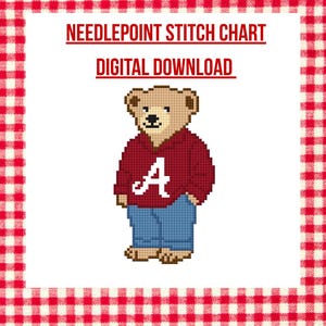 May include: Needlepoint stitch chart digital download featuring a pixelated bear wearing a maroon sweater with a white "A" and blue jeans. The image is set against a white background with a red and white checkered border.
