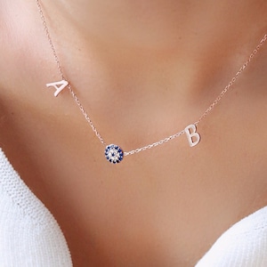 Two Letters Evil Eye Necklace , Silver Necklace , Letters Necklace , Dainty Letters Necklace , Custom Letter Necklace ,  Valentines Gift