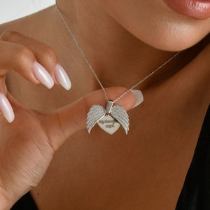 White Stone Angel Wings Necklace , Guardian Angel Wing , Hidden Name Necklace , Valentine&#39;s Day Gift