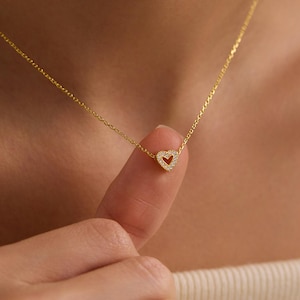 Sterling Silver Tiny Heart Necklace , 14K Gold Plated, Initial Option , Mother’s Day Gift for Mom