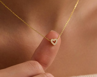 Sterling Silver Tiny Heart Necklace , 14K Gold Plated, Initial Option , Mother’s Day Gift for Mom