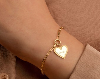 Bracciale con nome con ciondolo a cuore personalizzato, braccialetto con nome personalizzato inciso, braccialetto con nome, braccialetto con nome a cuore, regalo per lei, regalo per la mamma