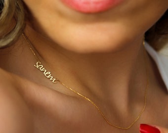 14K Gold Plated Name Necklace , Sideways Initial Necklace , Dainty Necklace , Gift for mothers , Personalized gift