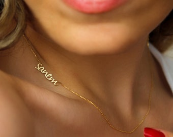 14K vergulde zijwaartse naamketting, gepersonaliseerde initiële sieraden, Moederdagcadeau voor moeder