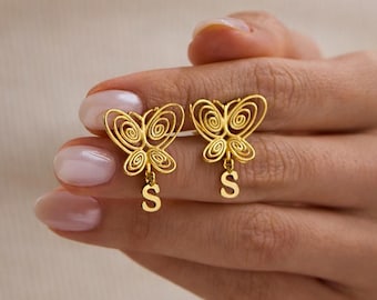 Butterfly Initial Earrings ,Personalized Letter Earrings, Dainty Minimal Jewelry ,Fusun Inspired Design ,  Gift for Her