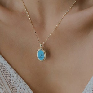Mother Day Gift ,Elegant Chained Stone Necklace , Turquoise Pendant Necklace , Gift for Women , Real 14K Solid Gold Necklace