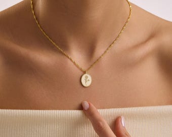 Dainty Flower Necklace, Minimal Gold Oval Pendant, Engraved Floral Necklace, Simple Everyday Jewelry, Gift for Her