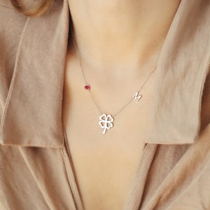 4 Leaf Clover Necklace , Letter Leaf necklace , Lucky Necklace , Four Leaf Charm , Letter Necklace , White Stone Clover , Mother Gift image 2