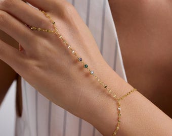 Personalized Birthstone Hand Chain Bracelet, Dainty Gold Bracelet for Women, Minimalist Jewelry , Bridesmaid Gift